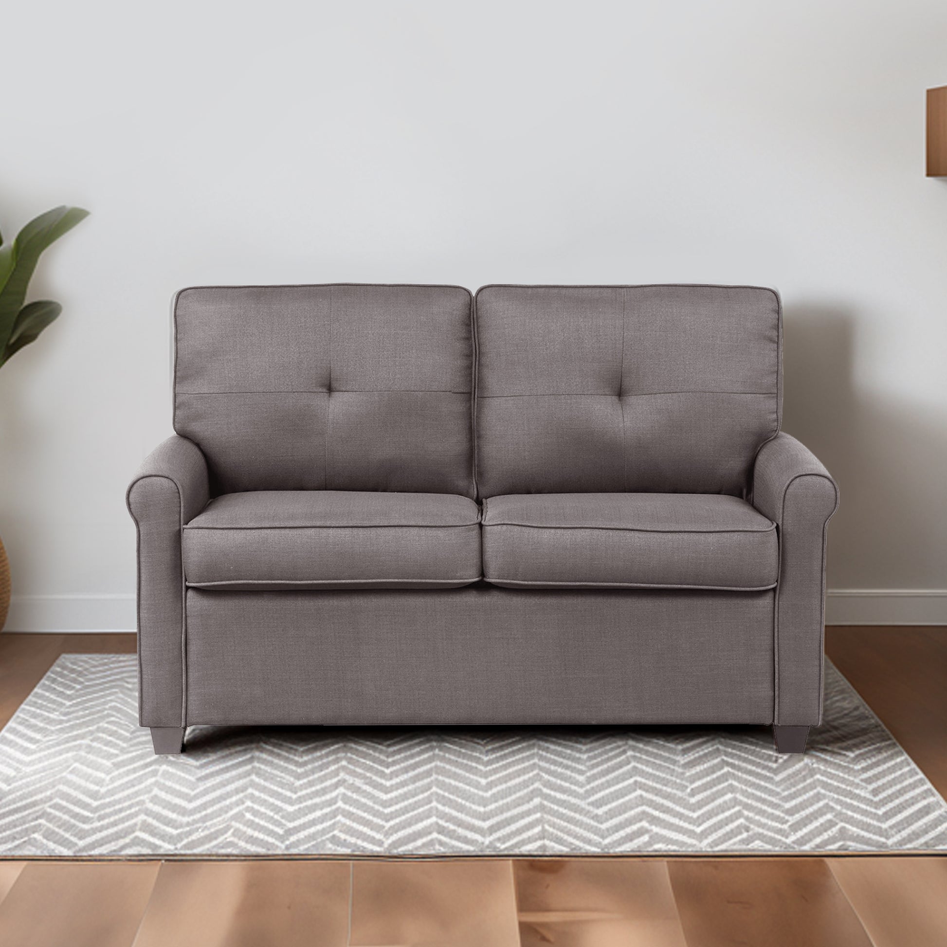Stylish Pull Out Sofa Bed With Woven Polyester Fabric & Solid Wood Fram Espresso Wood Primary Living Space Extra Heavy Duty Rubberwood 2 Seat Antique Brown Polyester Soft Cushion Back American Traditional Square Arms Memory Foam And Polyurethane Foam