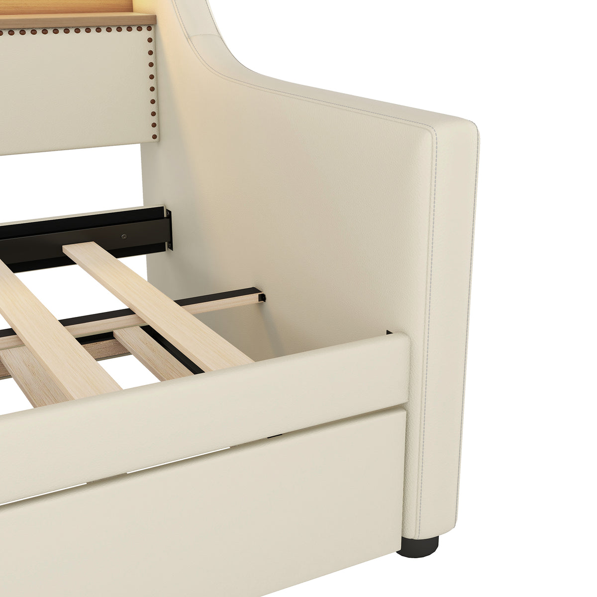 Twin Size Daybed With Trundle, Upholstered Daybed With Charging Station And Led Lights, Beige Expect Arrive Date:May 20Th. Twin Beige Pu Leather