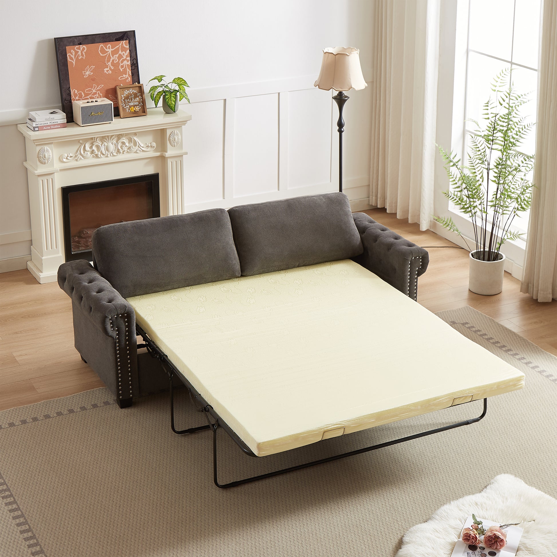 Fx 83.8" Convertible Sleeper Sofa Bed, 2 In 1 Pullout Sofa Bed, Polyester Sleeper Sofa Bed With Folding Mattress, Living Room Pullout Sofa Bed, Apartment Small Space Sofa Sleeper Gray Polyester Foam Fabric 3 Seat