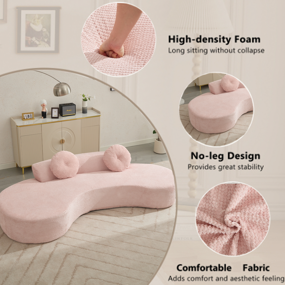 Arrived 105.5''Curved Sofa, Modern Minimalist Sofa, Cloud Couch Sofa 3 4 Seater Couch With 2 Pillows,Bedroom, No Assembly Required, Point Shaped Corduroy, Anti Wrinkle ,Pink Pink Polyester Primary Living Space Tight Back Soft Modern Foam Upholstered 3