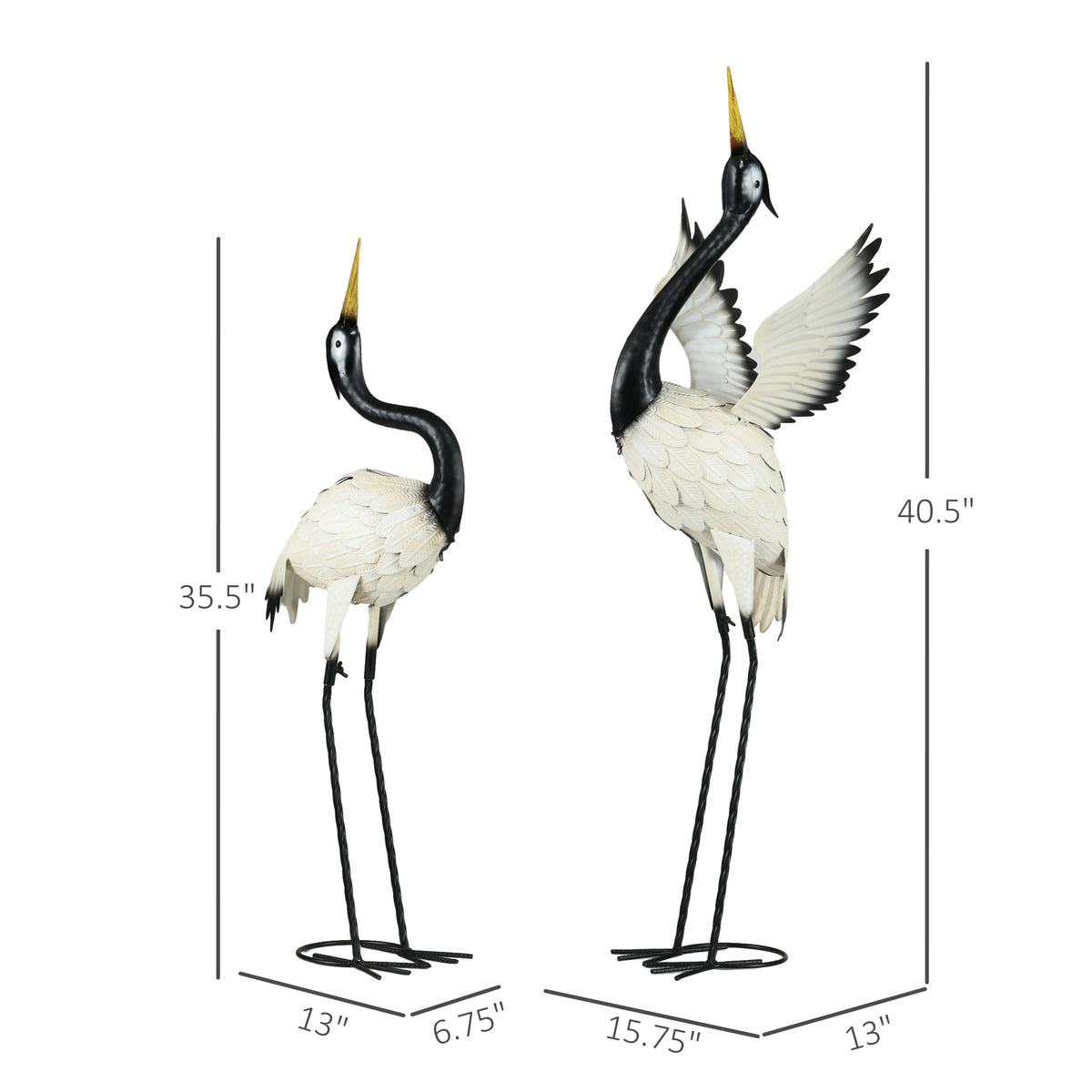Outsunny Heron Garden Statues, 35.5" & 40.5" Standing Bird Sculptures, Metal Yard Art Decor For Lawn, Patio, Backyard, Landscape Decoration Set Of 2, White & Black Multicolor Steel