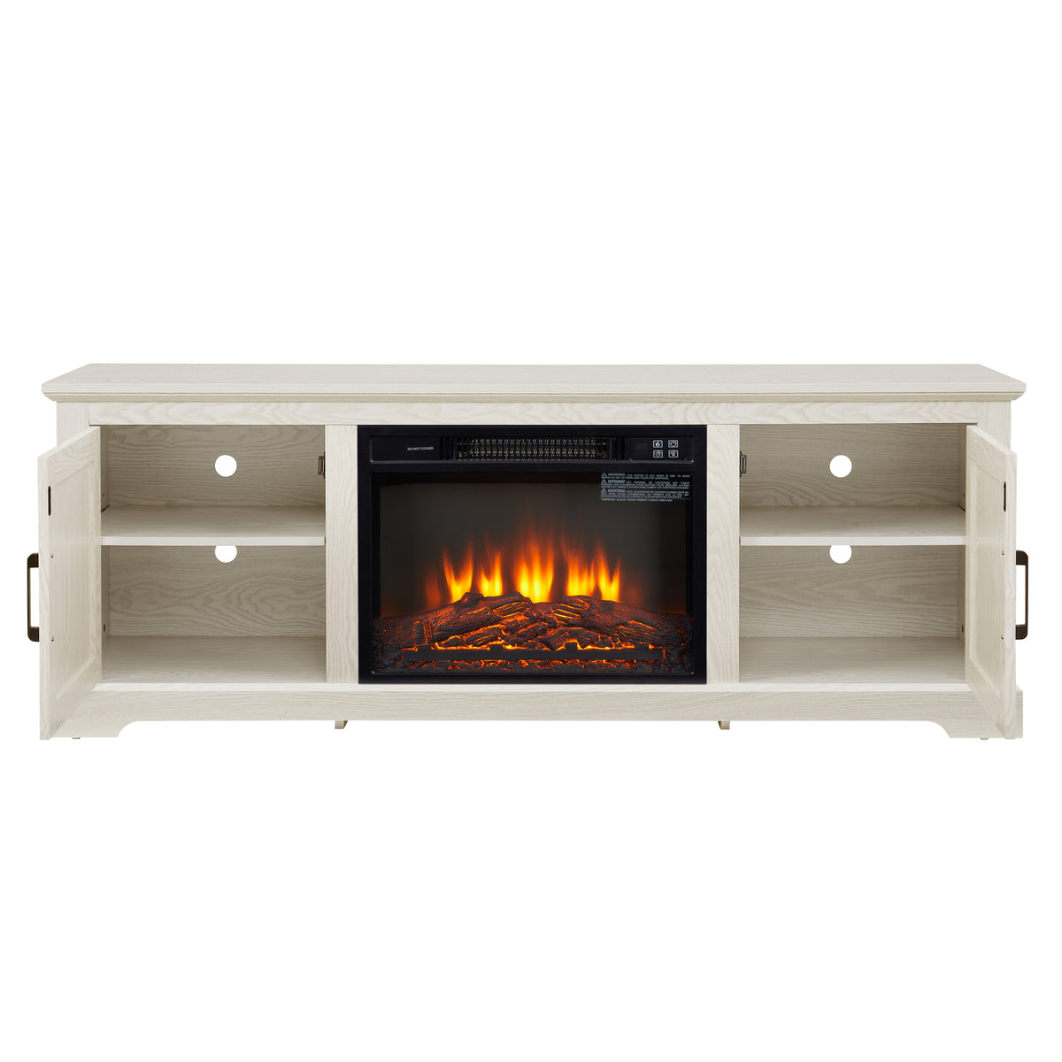Natural Rattan Door Cabinet With Adjustable Shelf Wood, Farmhouse Rattan Tv Stand Console Table For Tvs Up To 70 Inches, Storage Tv Stand With 23" Fireplace Insert, 65"W*15.55"D*23.86"H, White White 70 79 Inches Mdf