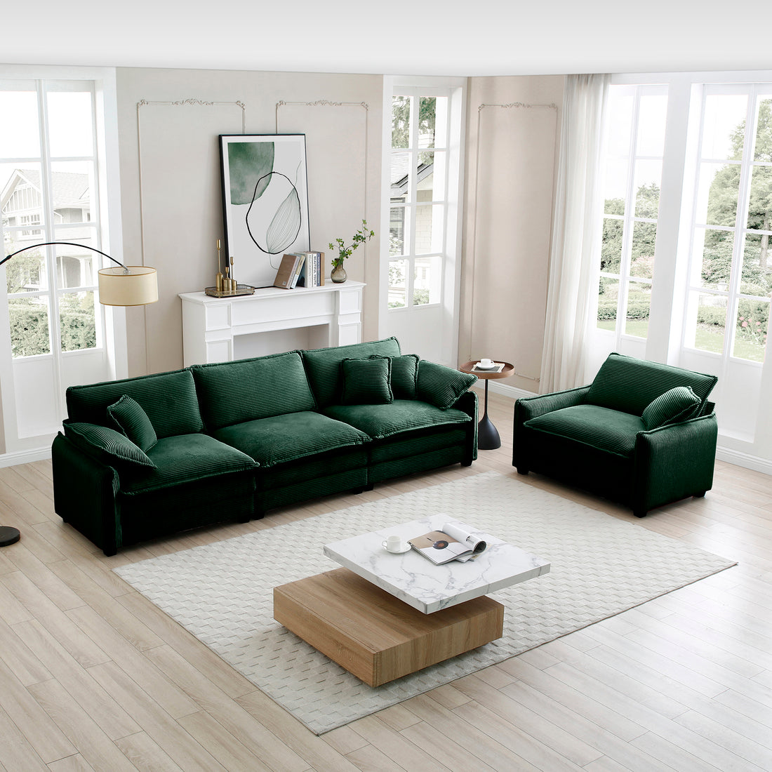 Mid Century Modern Sofa Set Of Two, One 3 Seater Sofa And One Single Seat Sofa With 2 Arm Pillows And 4 Throw Pillows,2 Pieces Sofa Set For Living Room,Green Corduroy Fabric Green Corduroy 4 Seat