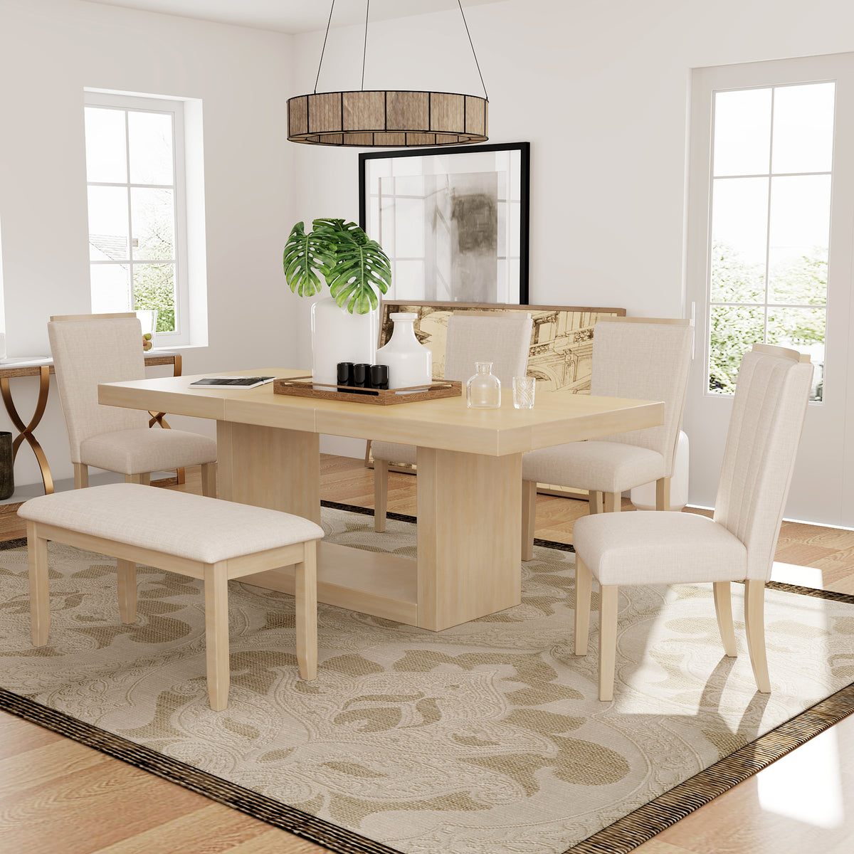 Contemporary 6 Piece 78Inch Extendable Pedestal Dining Table Set With 18Inch Removable Leaf And Dining Bench, 4 Upholstered Dining Chairs, Natural Wood Dining Room Solid Wood Rubberwood Rectangular Dining Table With Chair And Bench Upholstered Chair Wood