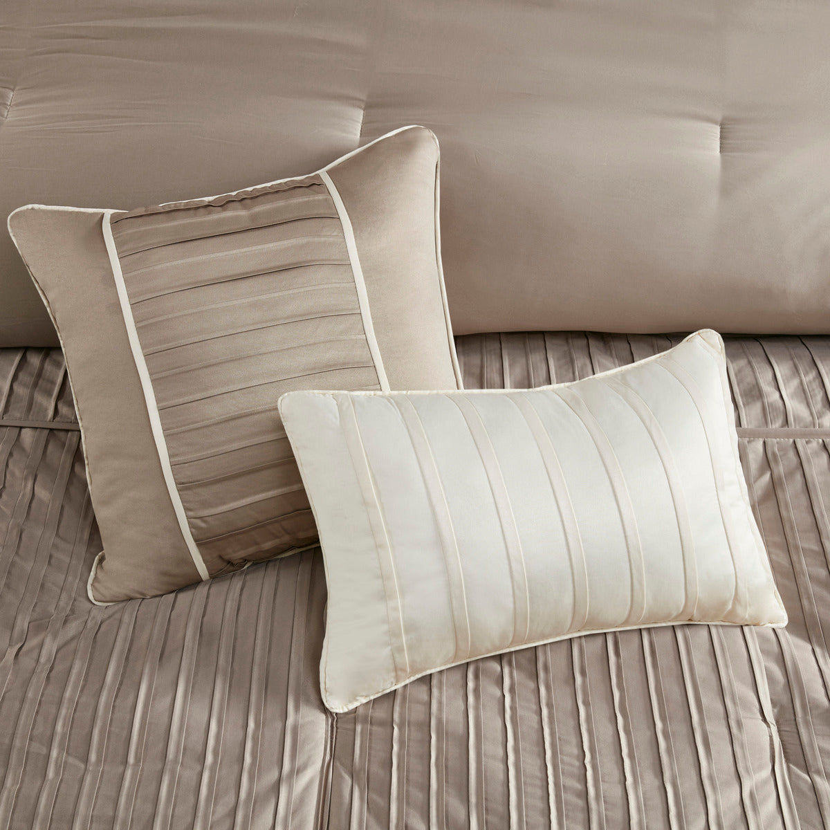 7 Piece Polyester Charmeuse Comforter Set Taupe Queen Queen Taupe Polyester