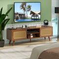 Mid Century Modern Rattan Tv Stand For 55 60 65 Inch Tventertainment Cabinet, Media Console For Living Room Bedroom Media Room, Solid Wood Feet & Rattan Cabinet Doors Walnut, 59