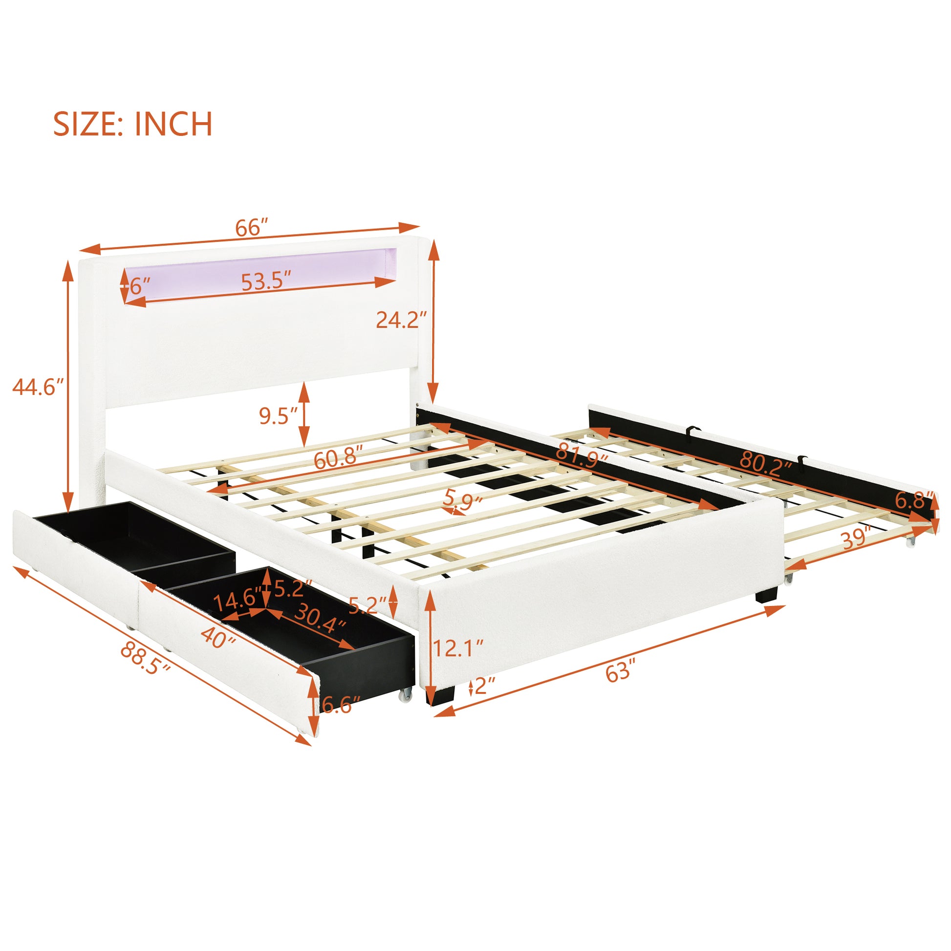 Queen Size Upholstered Platform Bed With Led Frame, With Twin Xl Size Trundle And 2 Drawers, Teddy Fleece, White White Fleece