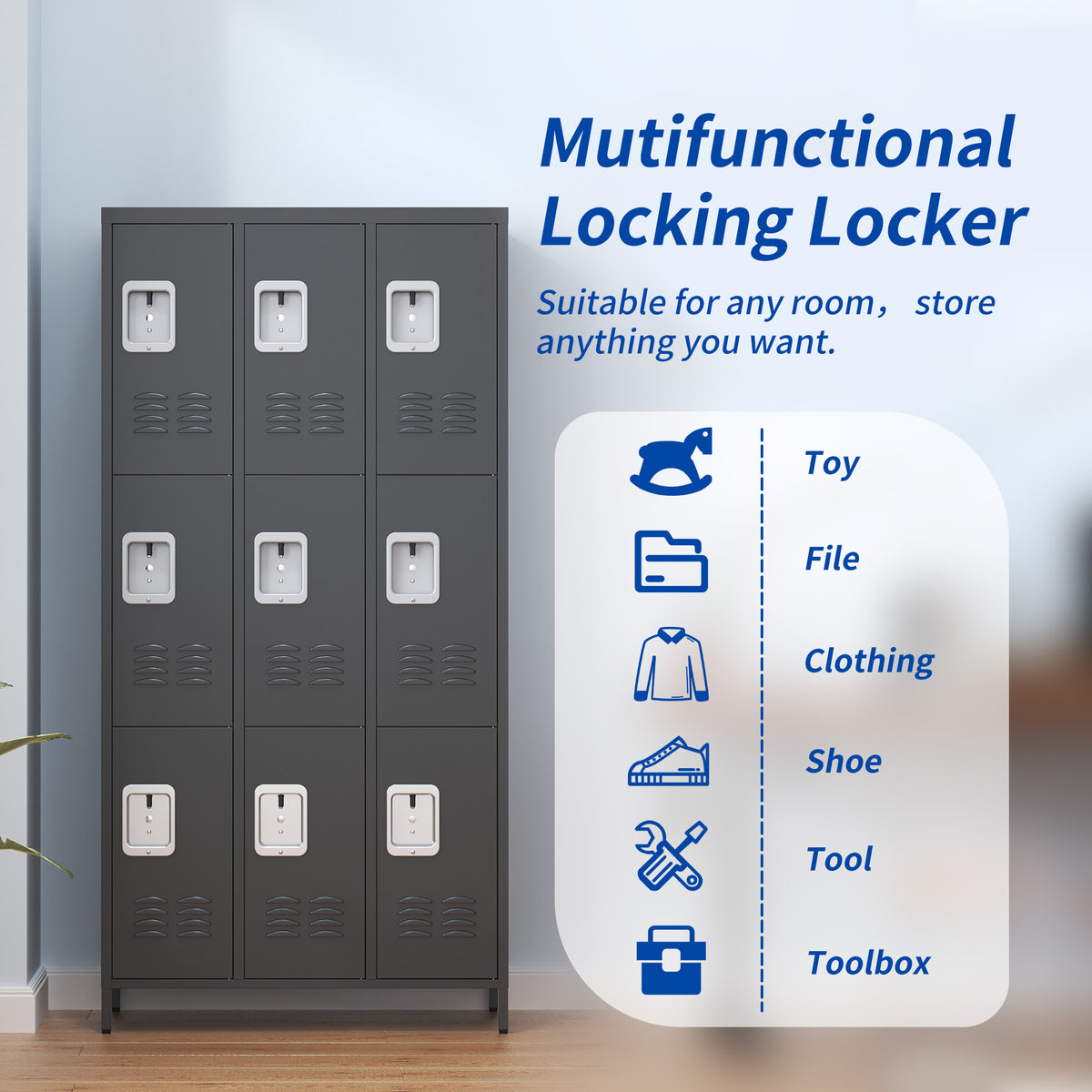 9 Door 72"H Metal Lockers With Lock For Employees,School,Office,Gym,Bedroom,Storage Locker Cabinet,Gray,Assembly Required,Black 5 Or More Spaces Black Primary Living Space Door Locks Modern Metal