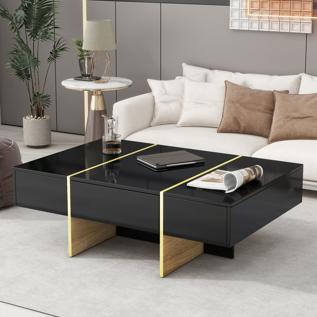 47.2'' X 31.4''Minimalist High Gloss Coffee Table With 2 Drawers, Multi Storage Rectangle Sofa Table With Golden Wood Grain Legs, Modern Center Table For Living Room, Black Black Particle Board Mdf