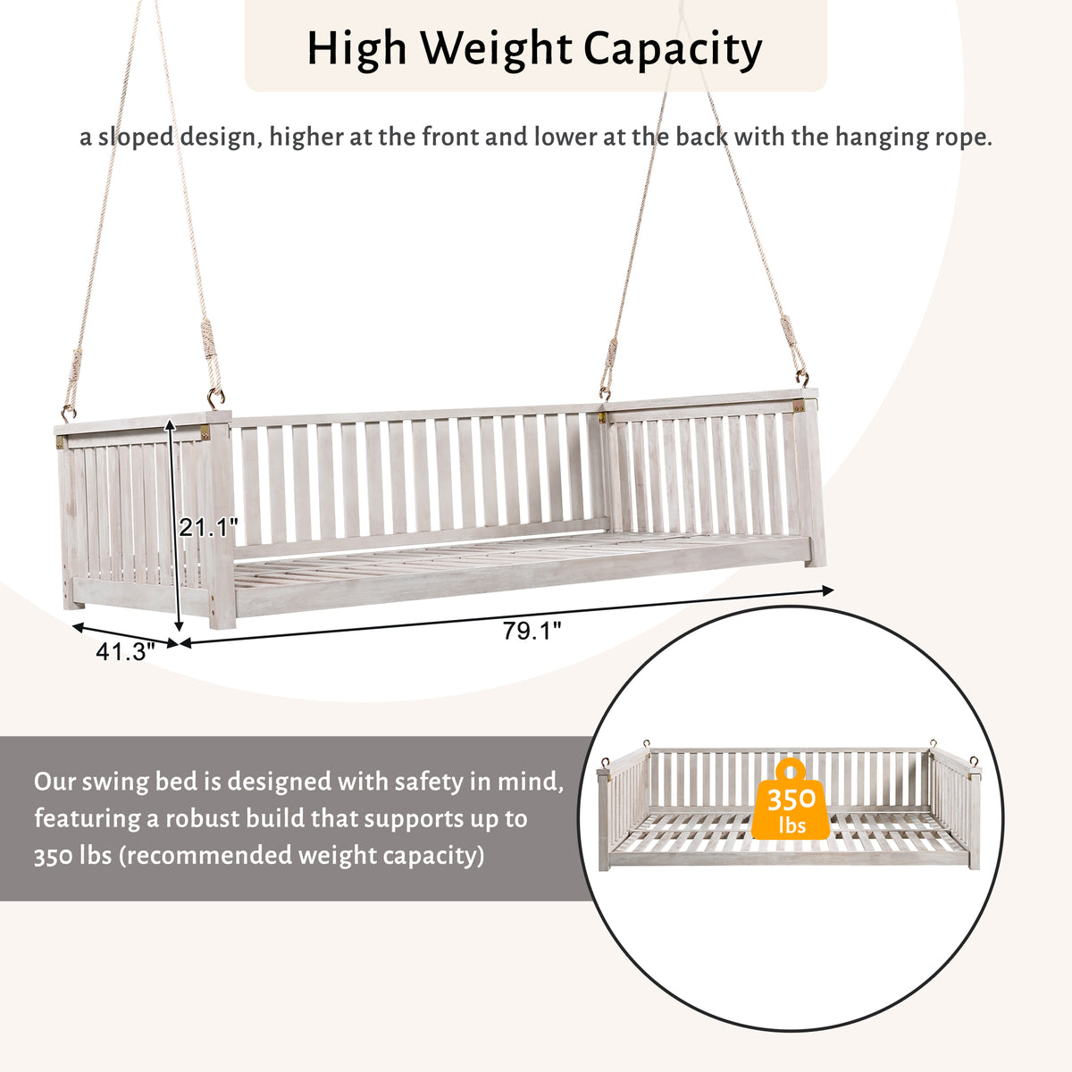 Patio Minimalist Twin Size Garden Swing Bed Wood Porch Swing With Ropes For Backyard, Safe Sloped Design, White White Weather Resistant Frame Garden & Outdoor Minimalist 2 Person Seating Group