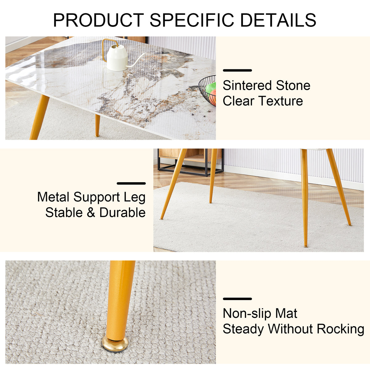 Table And Chair Set.Modern Minimalist Dining Table. White Imitation Marble Pattern Sintered Stone Desktop With Golden Metal Legs.Paried With 6 Comfortable Chairs With Pu Seats And Black Metal Legs.