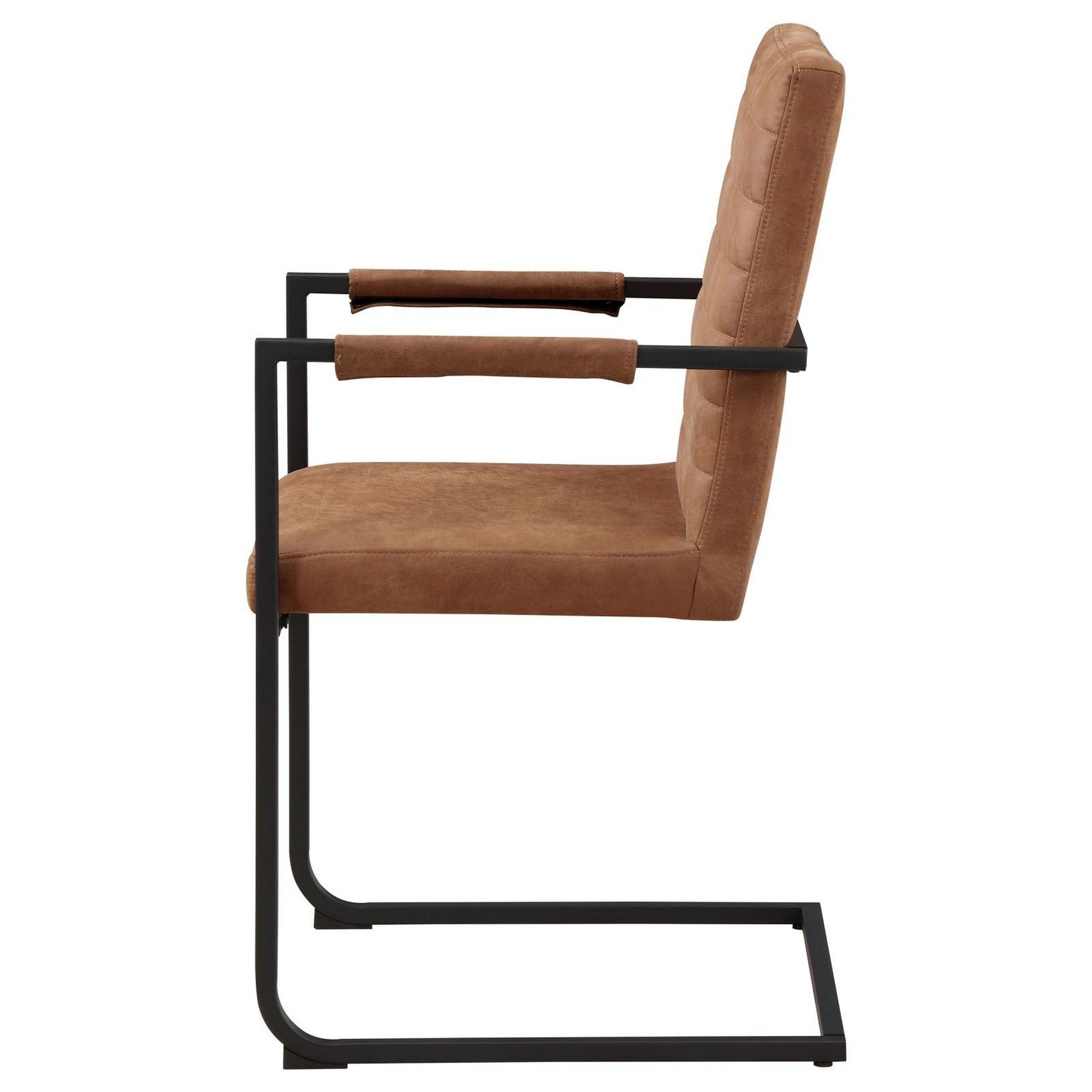 22 Inch Armchair, Set Of 2, Brown Vegan Leather, Black Cantilever Base Black Brown Mdf Metal