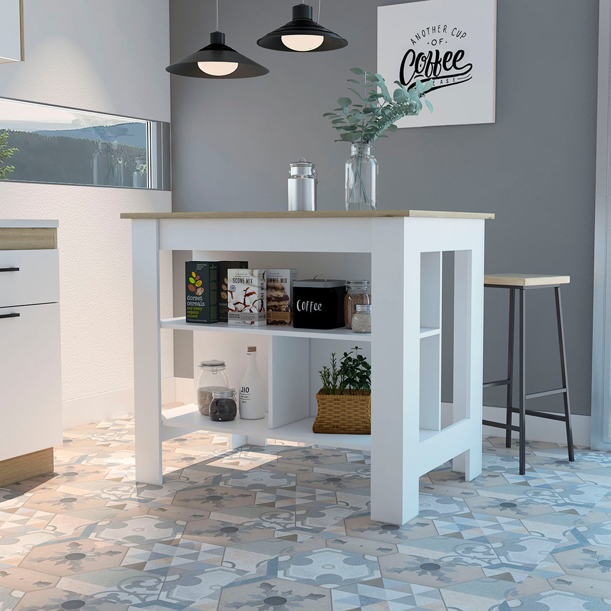Cala Kitchen Island, Four Legs, Three Shelves White Light Oak Multicolor Dining Room Rectangular Stationary Kitchen Islands Particle Board Particle Board Medium 40 55In