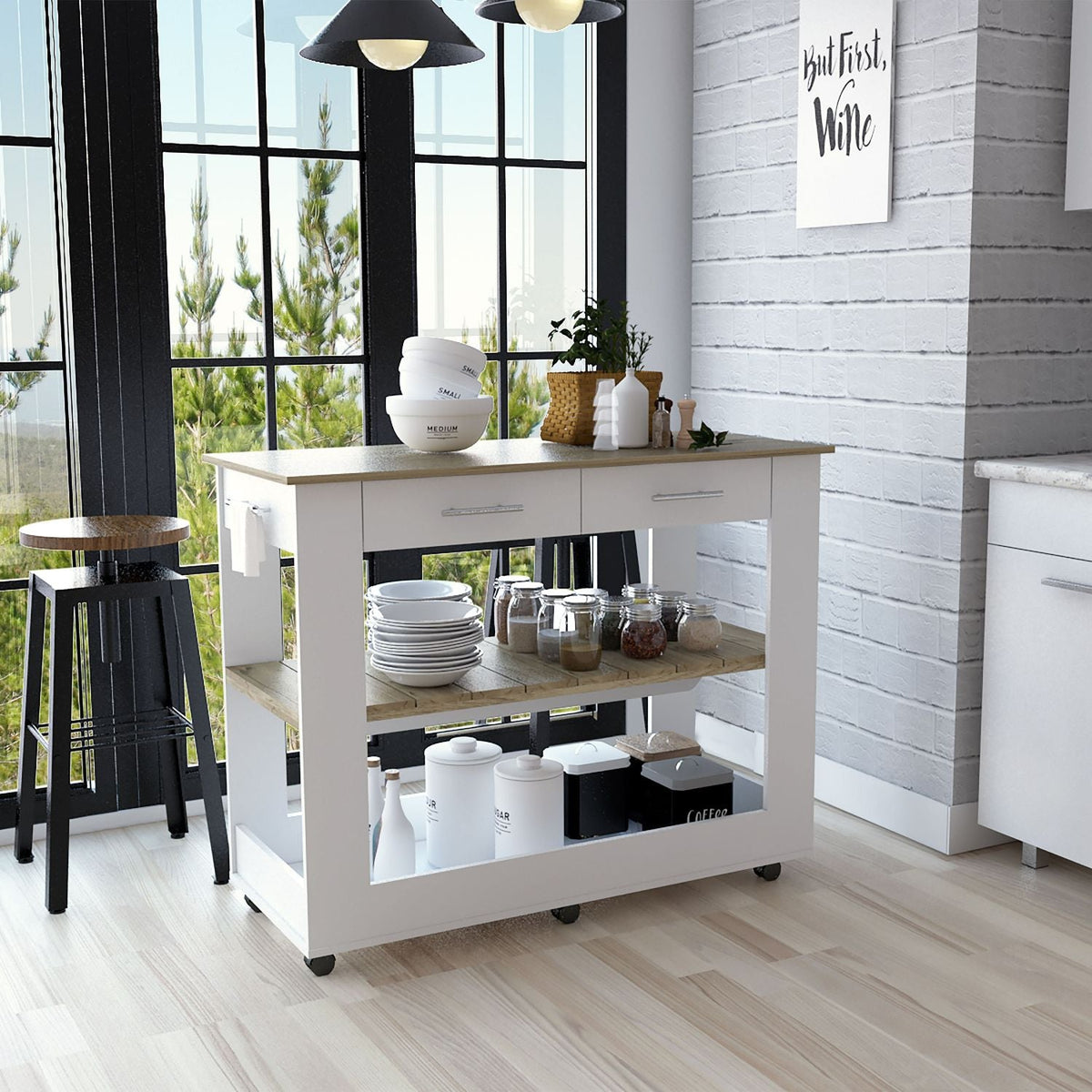 Kitchen Island 36" H, Six Casters, Two Drawers, Two Open Storage Shelves, Towel Hanger, White Light Oak Multicolor Particle Board Particle Board