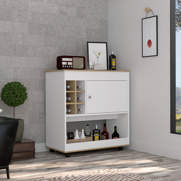Lotus Bar Cart, Six Bottle Cubbies, One Cabinet, Four Casters, Light Oak White Multicolor Particle Board Particle Board