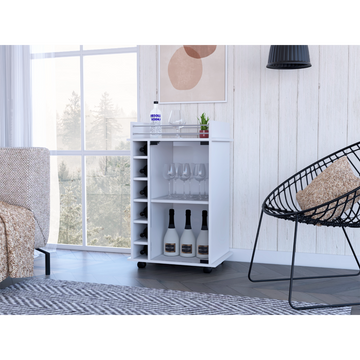 Bar Cart, Glass Door, Four Casters, Two Shelves, White White Particle Board Particle Board