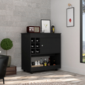 Lotus Bar Cart, Six Bottle Cubbies, One Cabinet, Four Casters, Black Black Particle Board Particle Board
