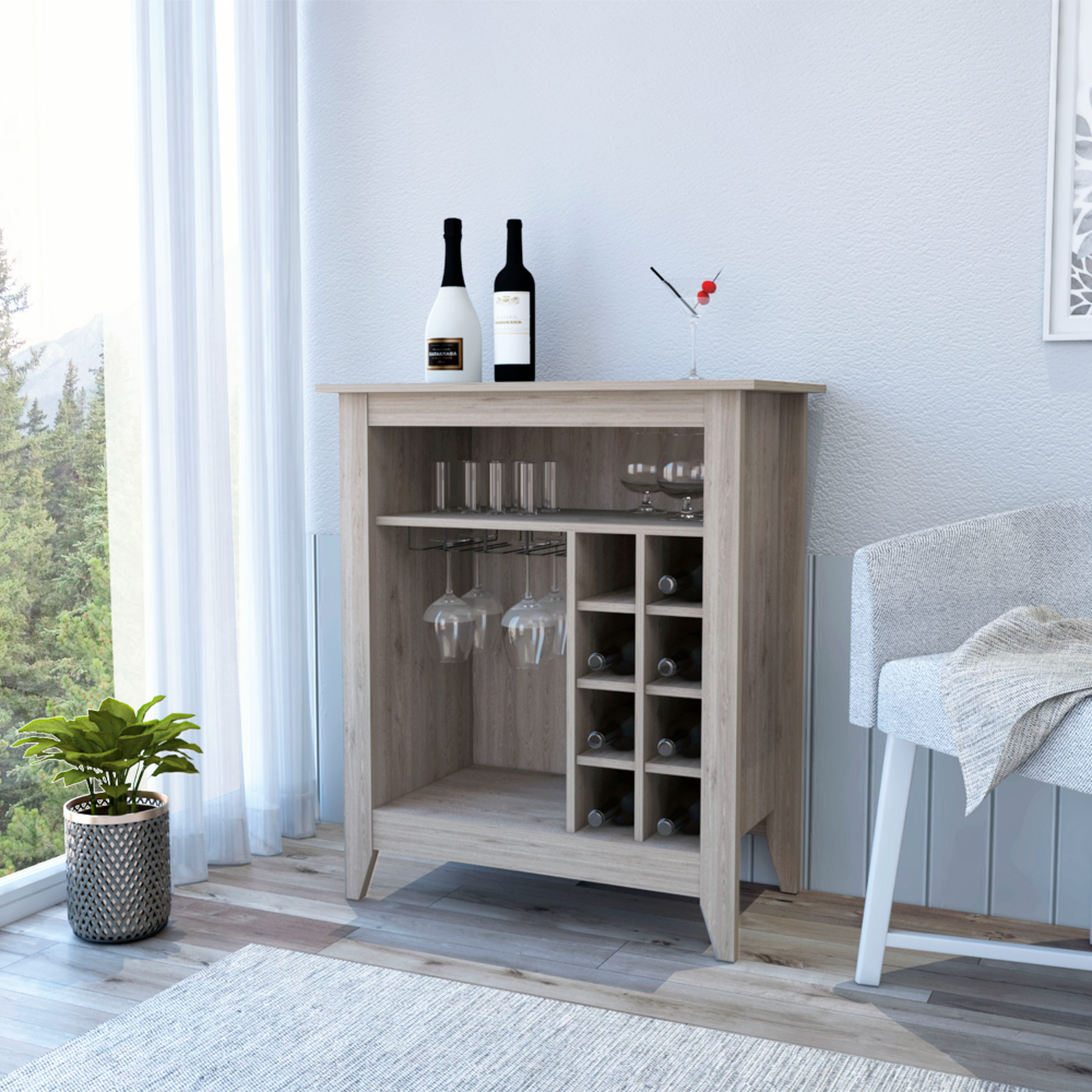 Bar Coffee Cart 38" H, Kitchen Or Living Room Cabinet Storage, With 8 Bottle Racks, A Central Shelf With 1 Cup Holders, Ideal For Storing Glasses, Light Gray Gray Particle Board Particle Board