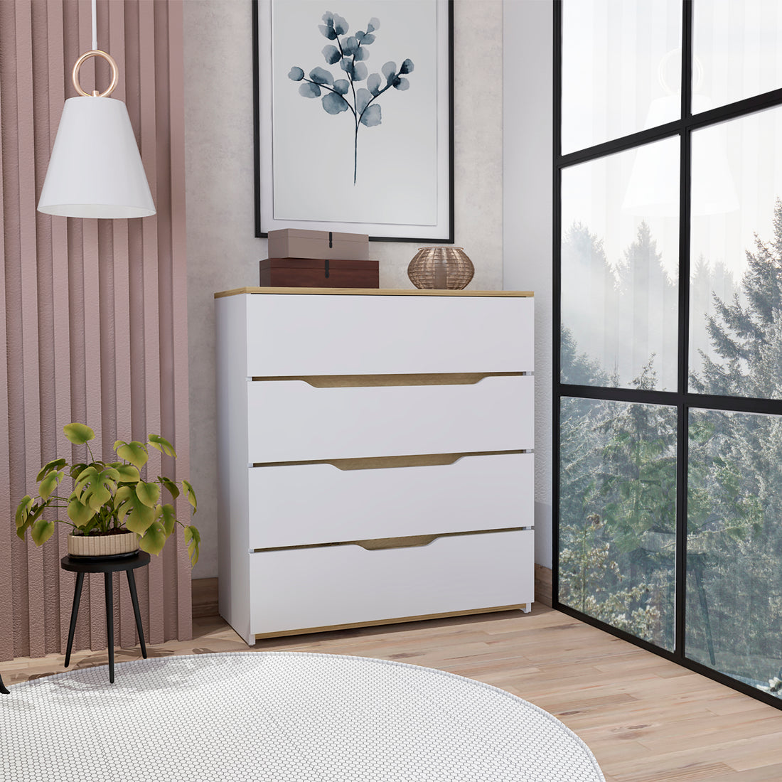 Zoe Dresser, Superior Top, Four Drawers White Light Oak Multicolor Particle Board Particle Board