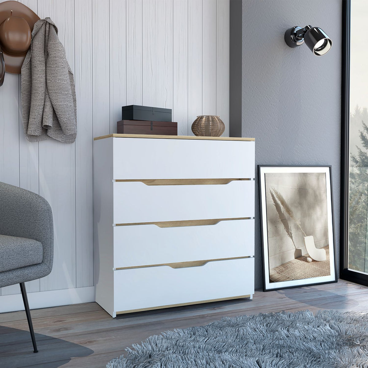 Drawer Dresser 35"H, Four Drawers, Superior Top, White Light Oak Multicolor Particle Board Particle Board