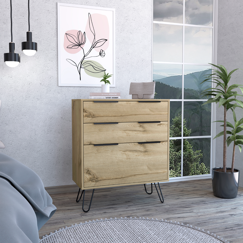 Light Dresser 35"H, 30"W, Three Drawers, Superior Top, Hairpin Legs, Light Oak Beige Particle Board Particle Board