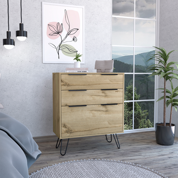 Light Dresser 35"H, 30"W, Three Drawers, Superior Top, Hairpin Legs, Light Oak Beige Particle Board Particle Board