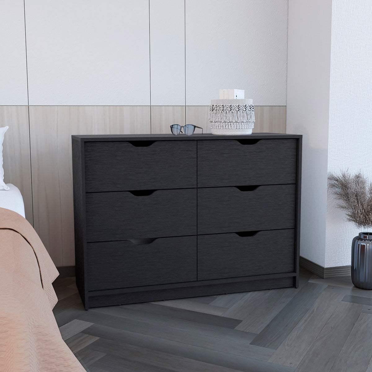 Dresser 30"H, Drawer Dresser With 2 Lower Cabinets, Drawer Chest, Black Black Particle Board Particle Board