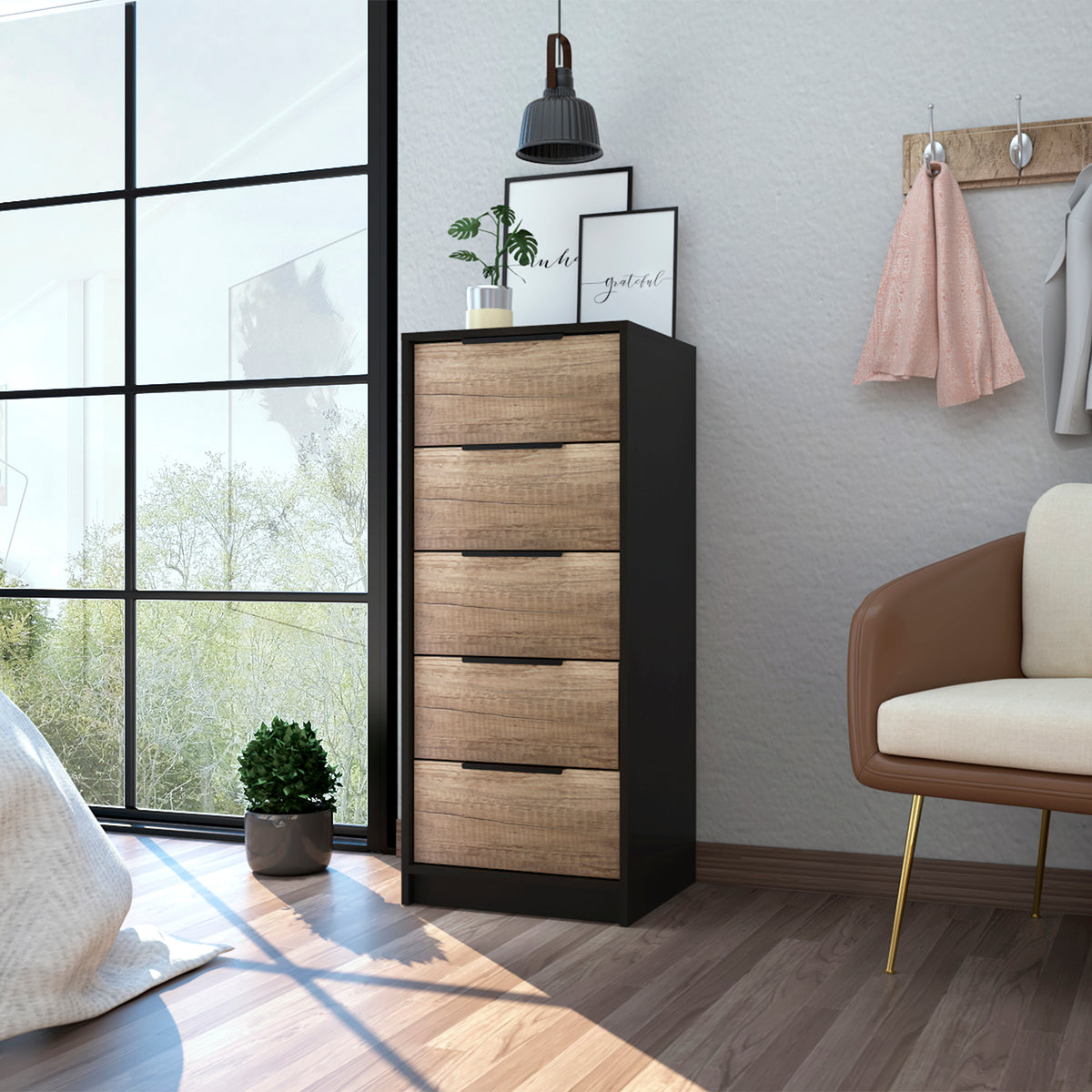 Kaia 5 Drawer Dresser, Vertical Dresser Black Pine Multicolor Particle Board Particle Board