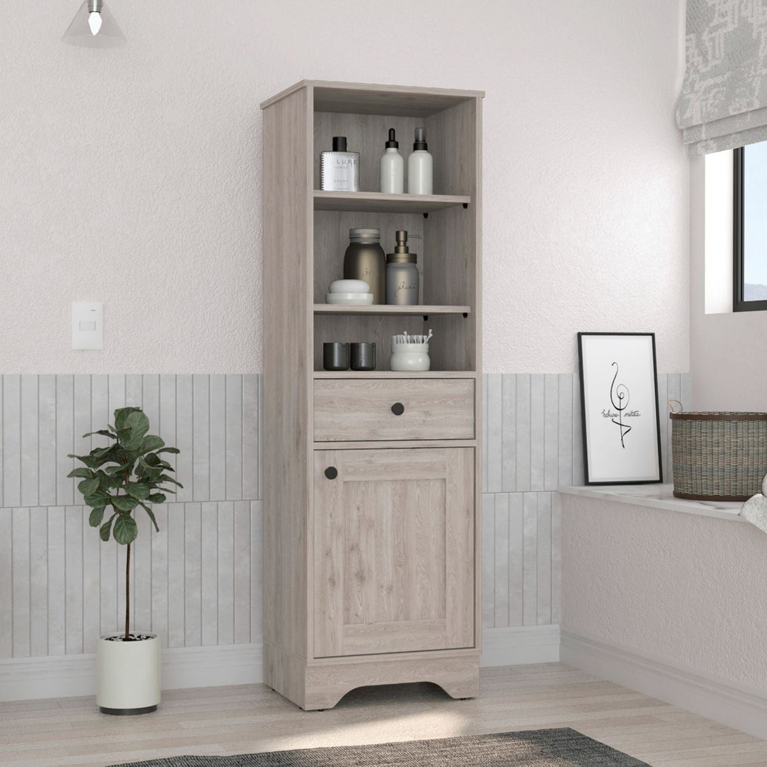 Linen Single Door Cabinet 55" H, Three External Shelves, One Drawer, Two Interior Shelves, Light Gray Gray Particle Board Particle Board