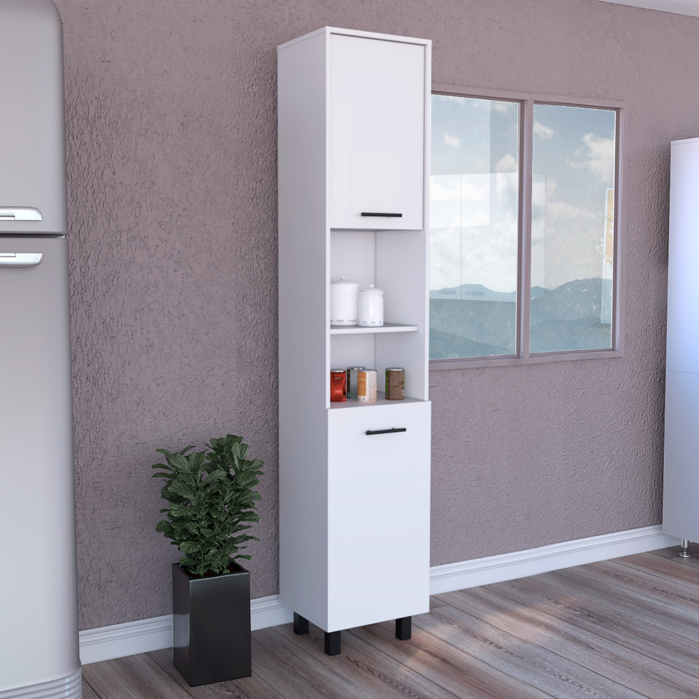 Kitchen Pantry 79" H, Two Open Storage Shelves, Three Internal Shelves, Two Doors, Four Legs, White White Particle Board Particle Board