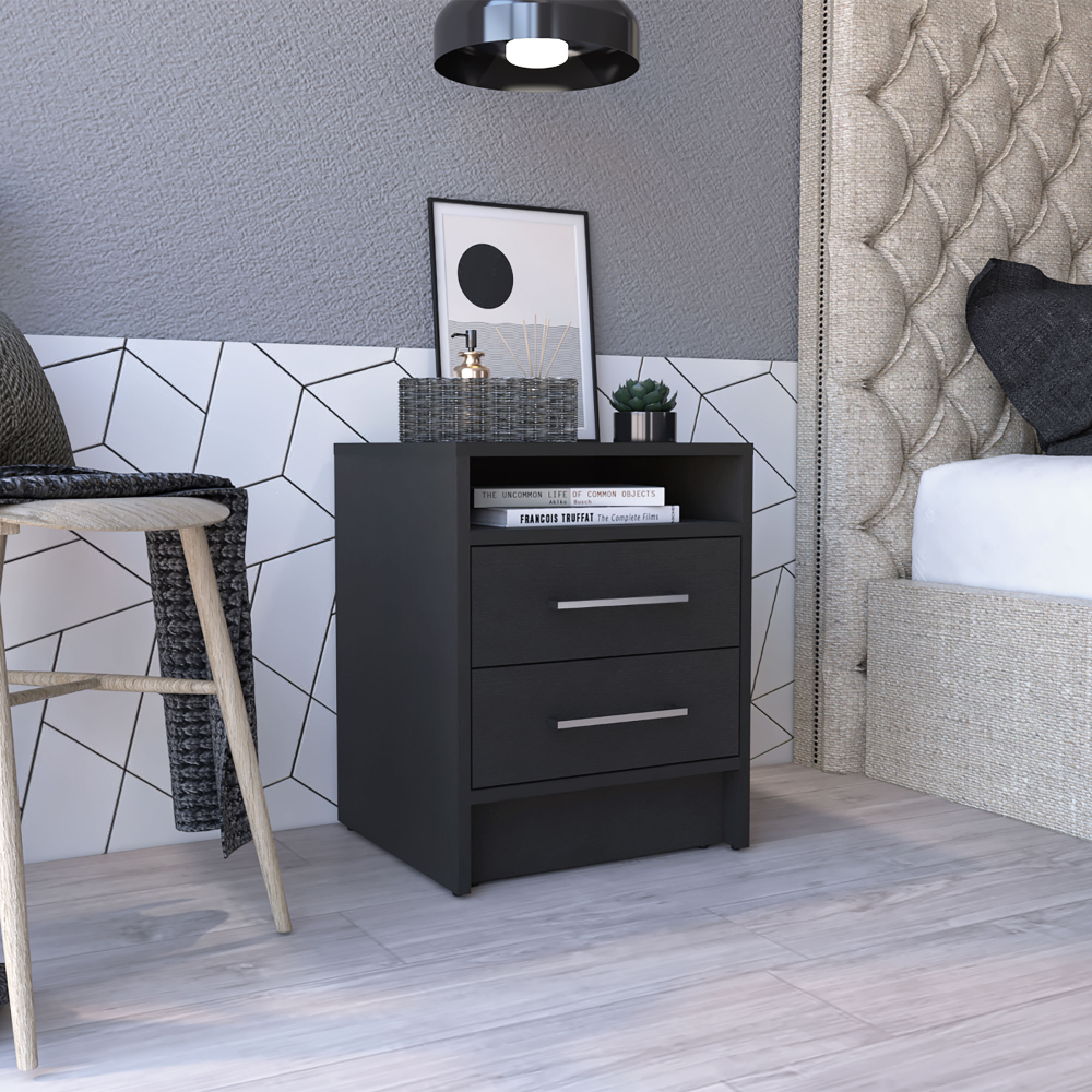 Nightstand 20"H, Two Drawers, Superior Top, Metal Handles, Black Black Particle Board Particle Board