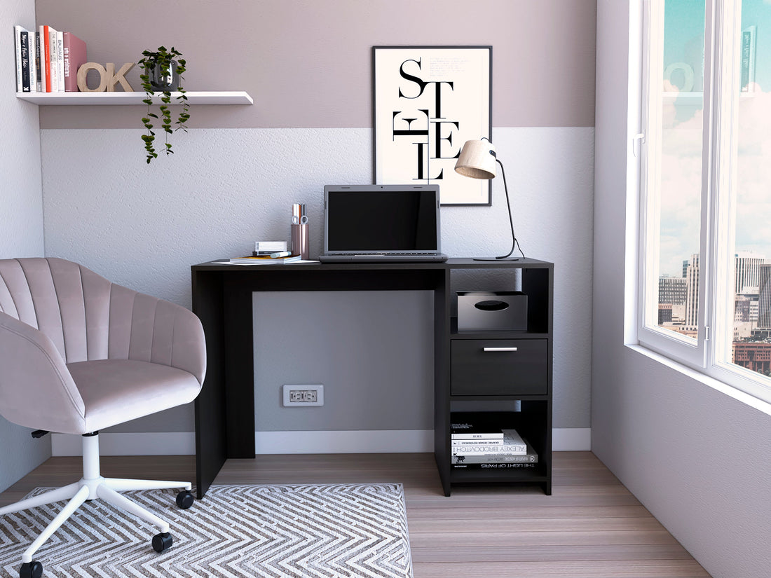 Naxos Computer Desk With 1 Drawer And 2 Open Storage Shelves, Black Black Particle Board Particle Board