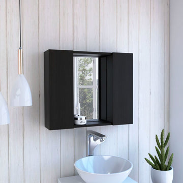 Medicine Double Door Cabinet 19" H, One External Shelf, Black Black Particle Board Particle Board