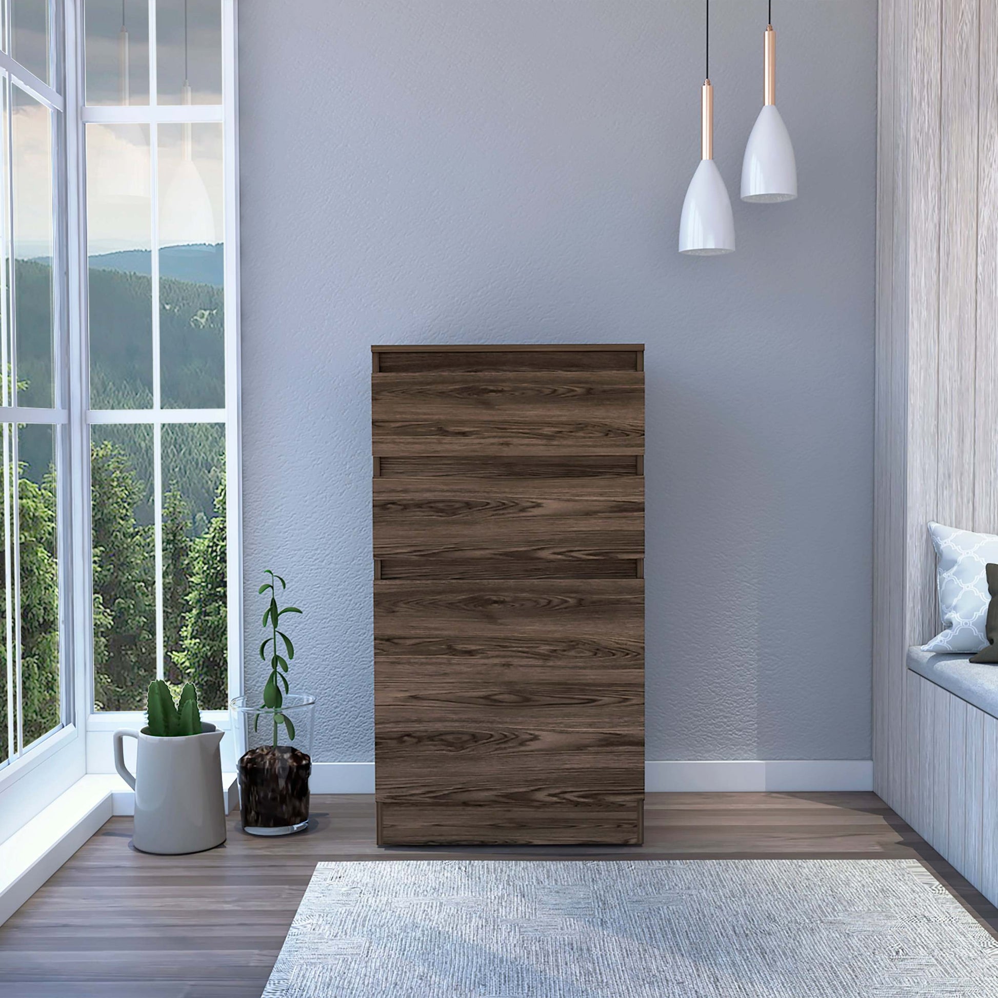 Dresser 43"H, Jewelry Box, Mirror, Single Door Cabinet, Two Drawers, Dark Walnut Brown Particle Board Particle Board