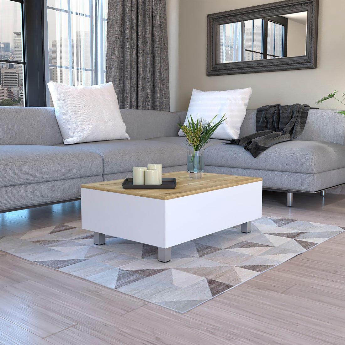Gambia Lift Top Coffee Table, Four Legs White Light Oak White Primary Living Space Modern Freestanding Rectangular Open Storage Coffee & End Tables Rectangular Particle Board Particle Board