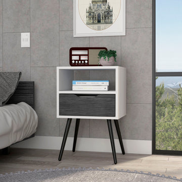 Nightstand 25"H, Superior Top, Four Legs, One Open Shelf, One Drawer, Smokey Oak White Multicolor Particle Board Particle Board