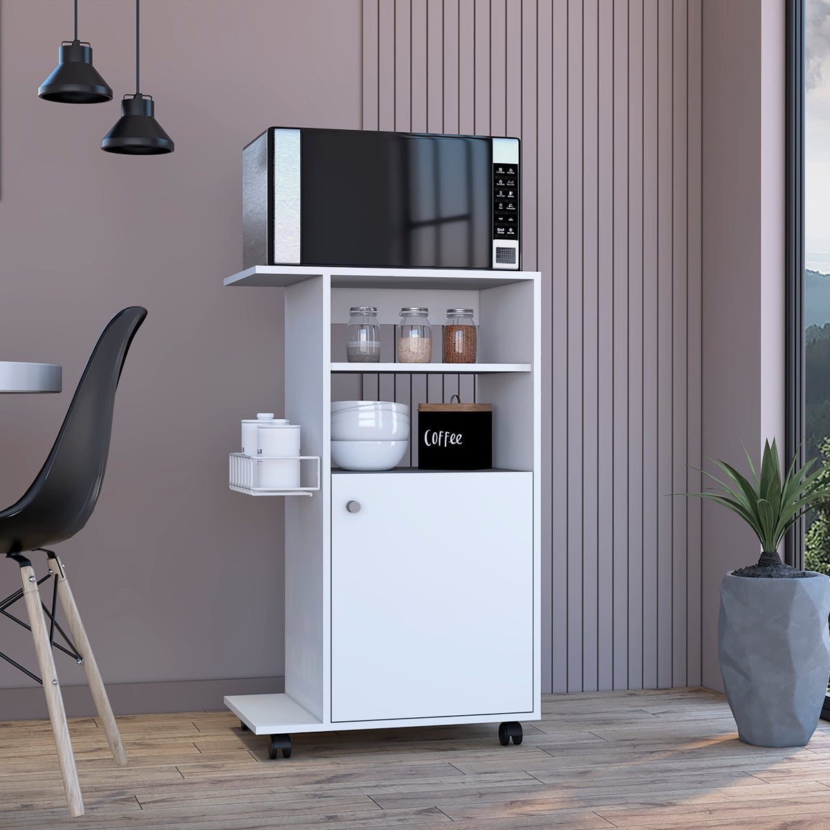 Clip Kitchen Cart, Single Door Cabinet, Four Casters White White Dining Room Modern Rectangular Stationary Kitchen Islands Particle Board Particle Board Medium 40 55In
