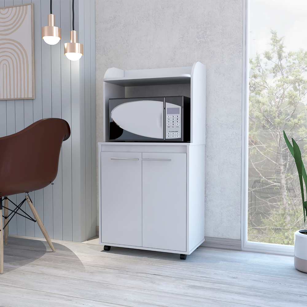 Kitchen Cart 49" H, Two Door Cabinet, One Open Shelf, Two Interior Shelves, White White Particle Board Particle Board