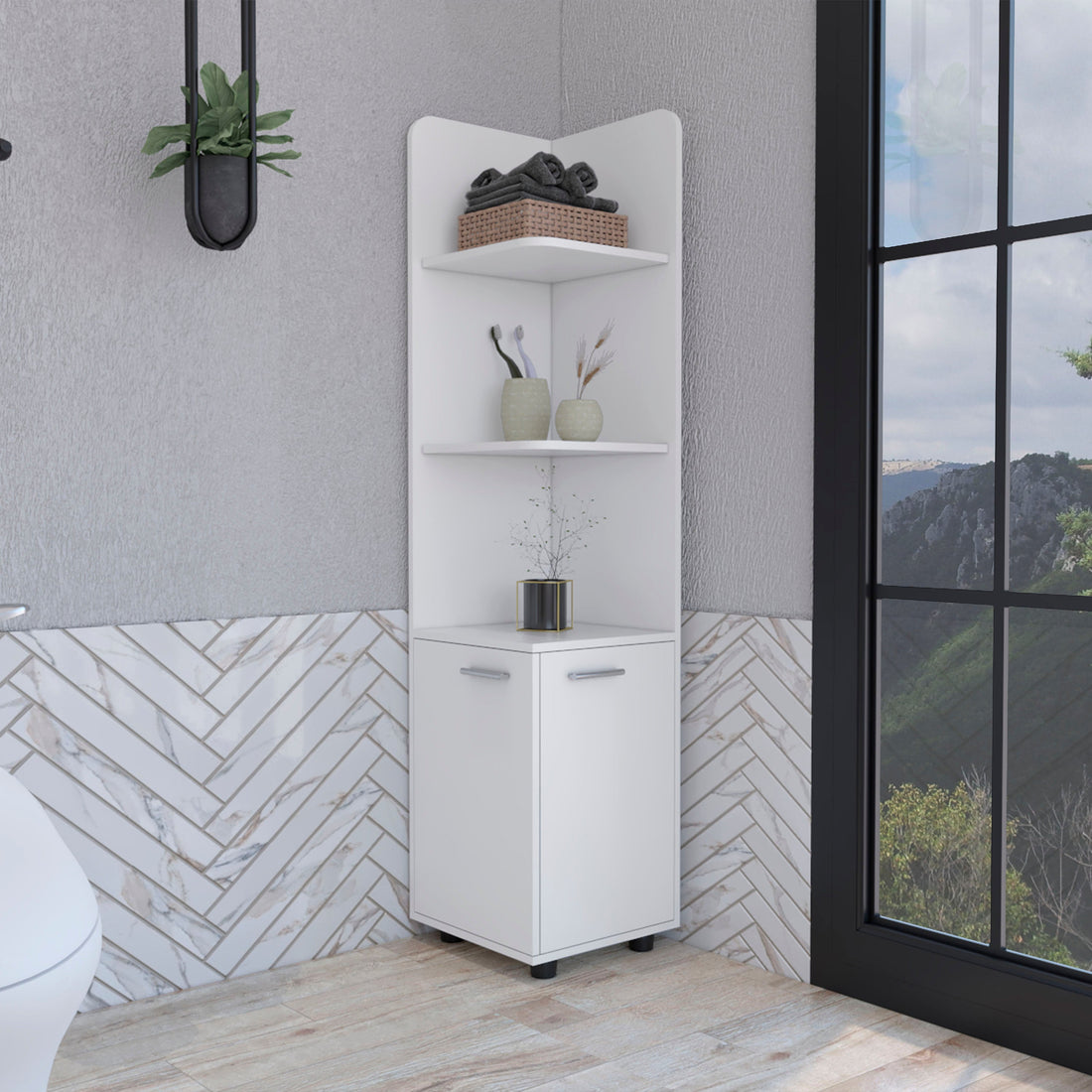 62H" Tall Corner Cabinet With 3 Tier Shelf And 2 Door, White White Particle Board Particle Board