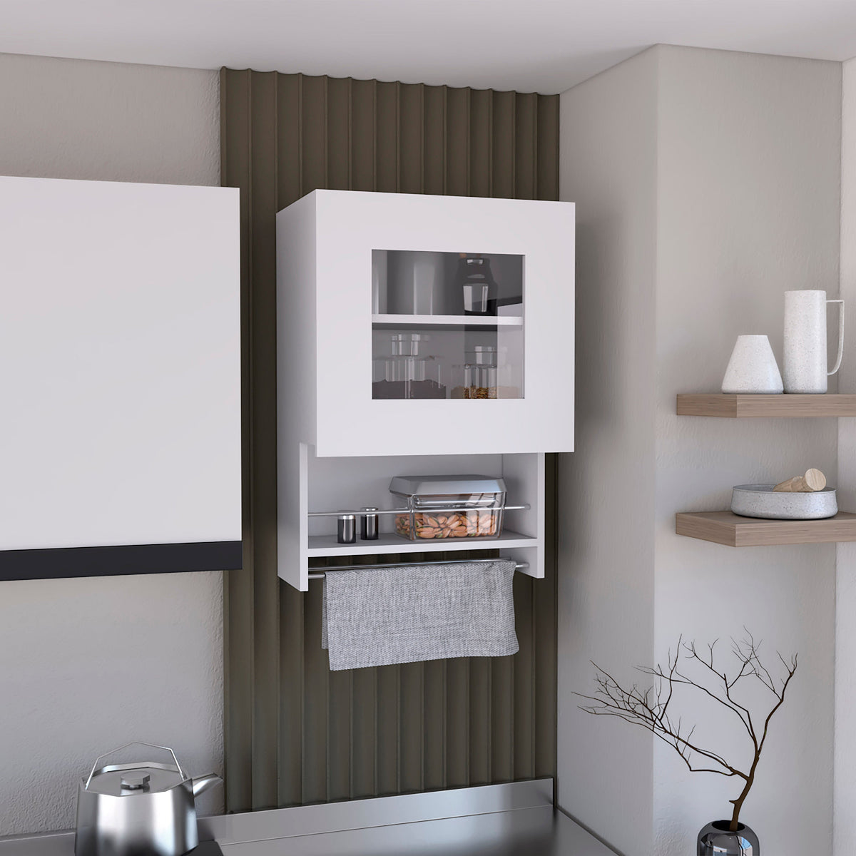 Kitchen Wall Cabinet 29" H, With Towel Rack And Spice Rack, One Door, Two Internal Shelves, White White Particle Board Particle Board