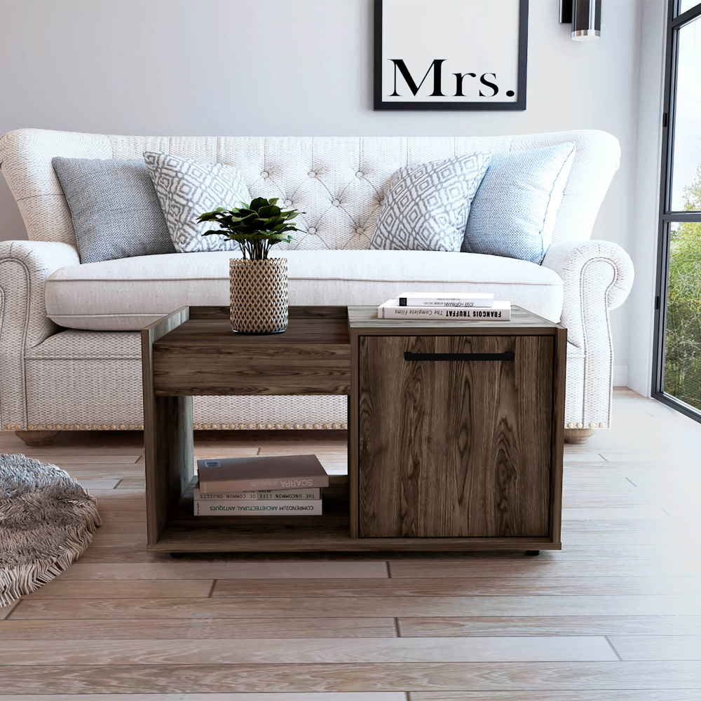 Coffee Table, One Open Shelf, Single Door Cabinet, Dark Walnut Brown Particle Board Particle Board