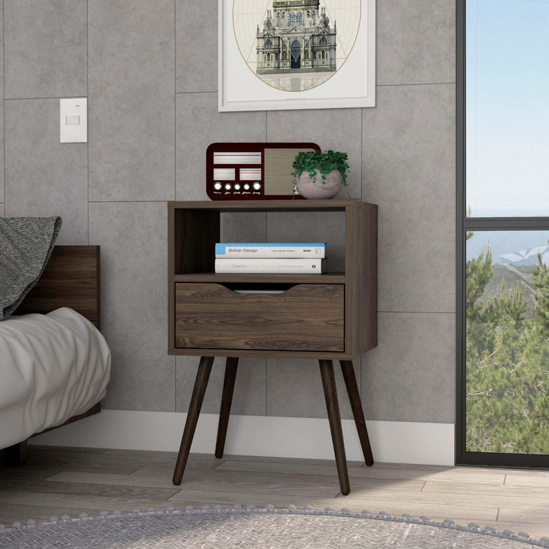 Nightstand 25"H, Superior Top, Four Legs, One Open Shelf, One Drawer, Dark Walnut Brown Particle Board Particle Board