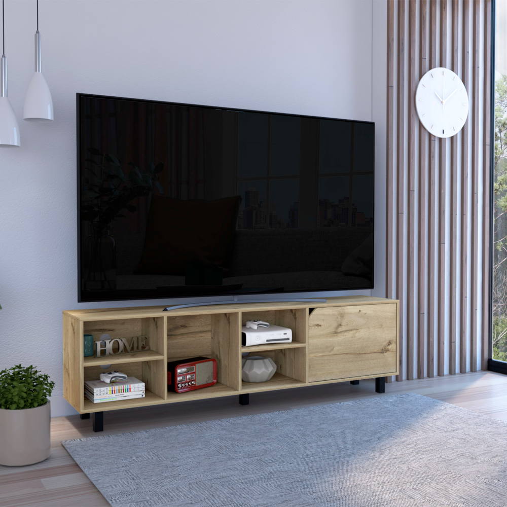 Conquest Tv Stand For Tv S Up 70", Four Open Shelves, Five Legs, Light Oak Beige 70 79 Inches Particle Board Particle Board
