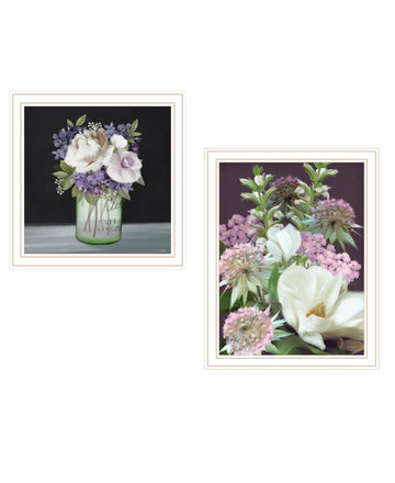 "Lilac & Wild Plum Bouquet" 2 Piece Vignette By House Fenway, Ready To Hang Framed Print, White Frame Multicolor Paper