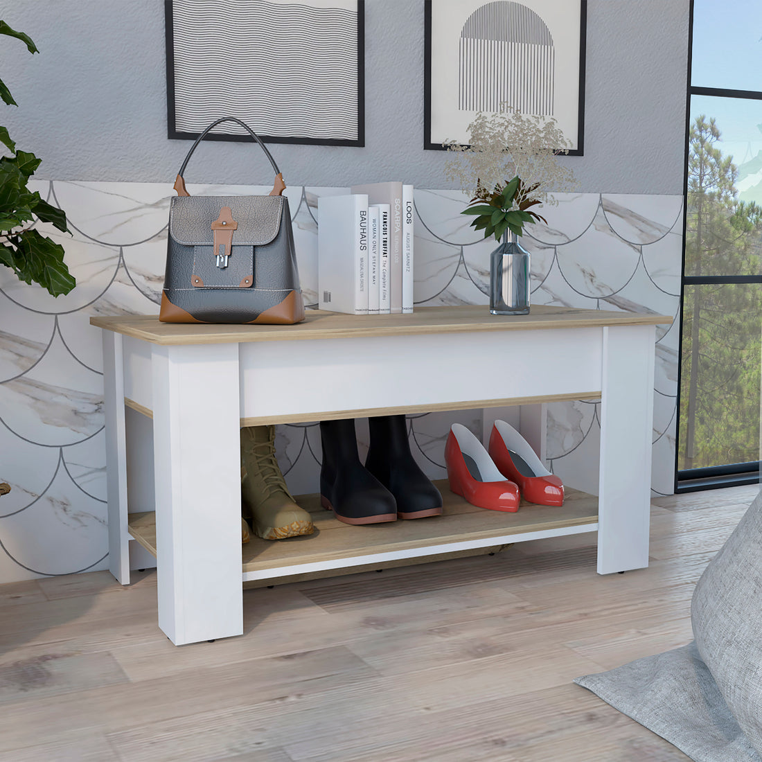 Austin Storage Table, One Extendable Table Shelf, Four Legs, Lower Shelf Light Oak White Multicolor Particle Board Particle Board