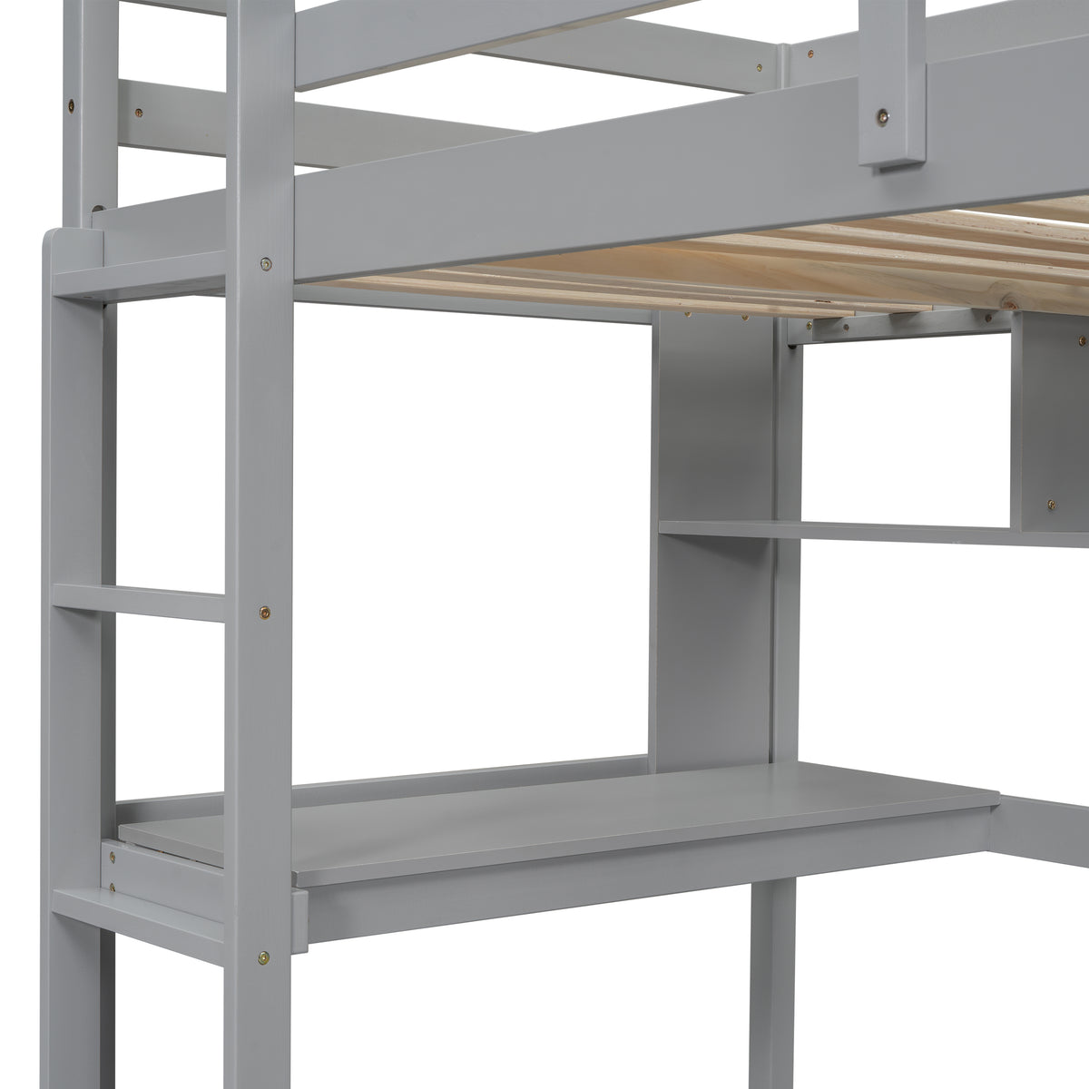 Twin Size Loft Bed With Desk And Shelves, Safety Guardrail And Ladder,Grey Twin Grey Pine