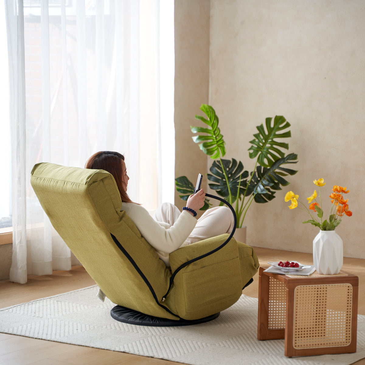 Adjustable Head And Waist, Game Chair, Lounge Chair In The Living Room, 360 Degree Rotatable Sofa Chair,Rotatable Seat Leisure Chair Deck Chair Green Metal Soft Cotton Metal