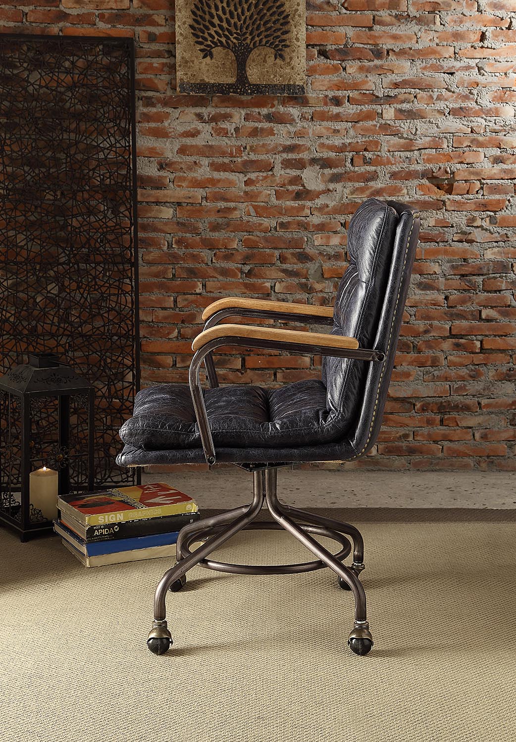 Vintage Blue Swivel Office Chair With Casters Solid Vintage Office Foam Vintage Office Chairs Tufted Back Casters Leather