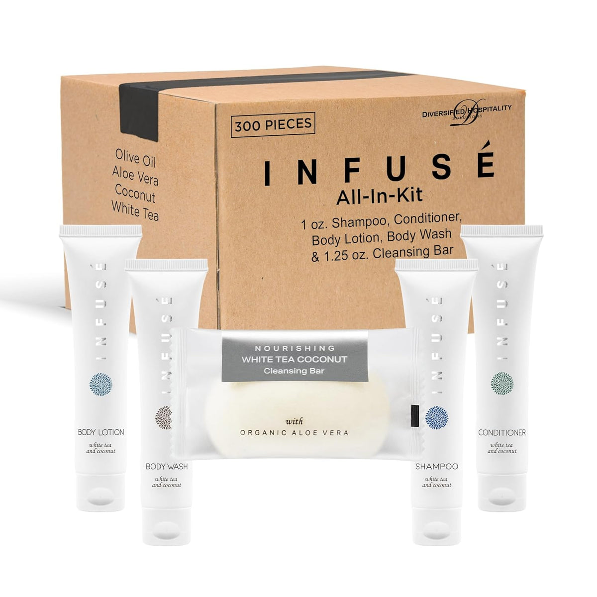 Infuse Pure White Tea And Coconut Hotel Soaps And Toiletries Bulk Set 1 Shoppe All In Kit For Hotels 1Oz Shampoo & Conditioner, Body Wash, Lotion & 1.25Oz Bar Soap Travel Size 300 Pieces White