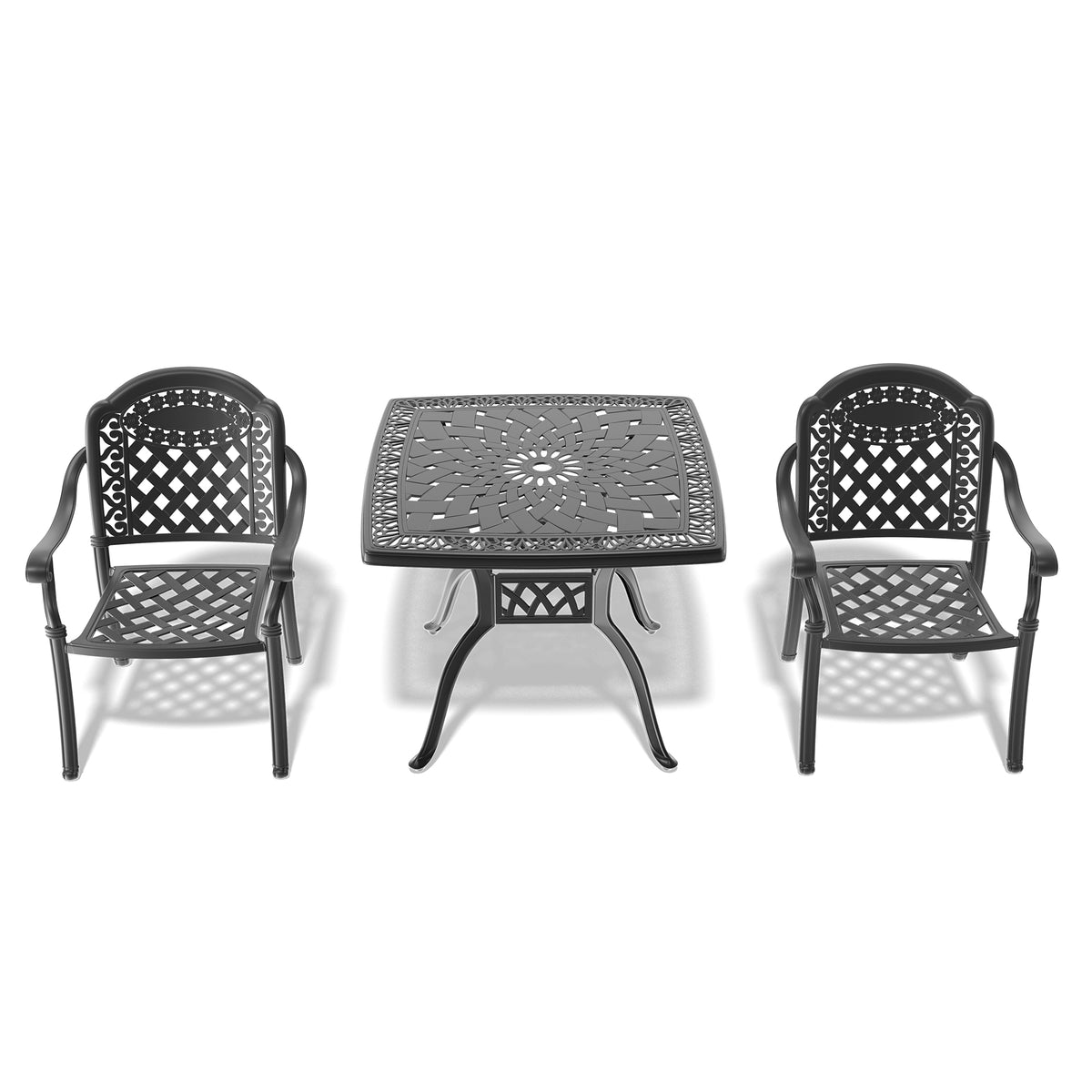 Cushions In Random Colors 3 Piece Set Of Cast Aluminum Patio Furniture With Cushions Yes Dining Set Black Seats 2 Rust Resistant Frame Water Resistant Cushion Garden & Outdoor Complete Patio Sets Aluminium